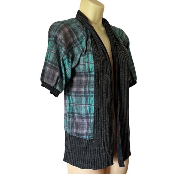 Poison Ivy Gray & Aqua Plaid Knit Open Front Cardigan Top Juniors Size Medium - Picture 2 of 8
